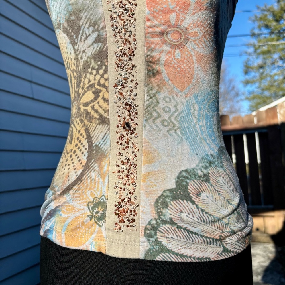 XOXO Vintage Nude Beaded Tank Top Floral Print Y2K Size Medium - Picture 5 of 16